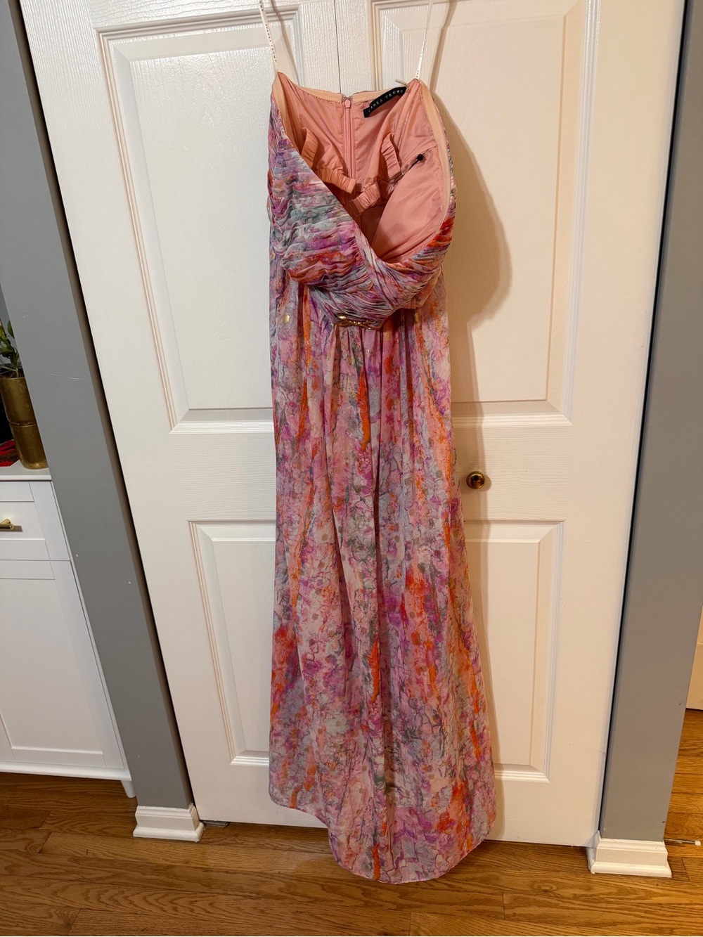 Ivanka Trump Strapless Pink and Purple Petal Floral Maxi Dress with Gold Buckle